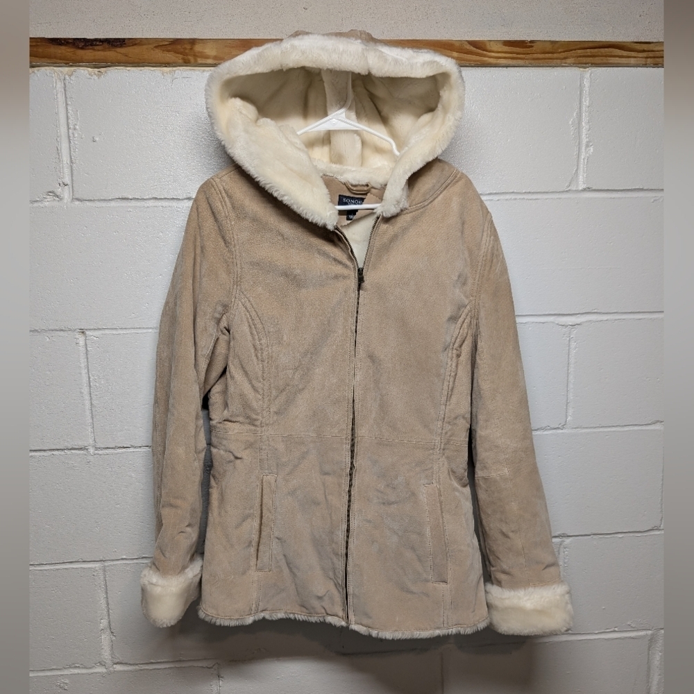 Sonoma Life + Style Suede Leather Women Tan Hooded Jacket Faux Fur Lining Large